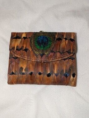 Comeco Peacock Feather Brown Leather Wallet With Kiss Lock VGUC